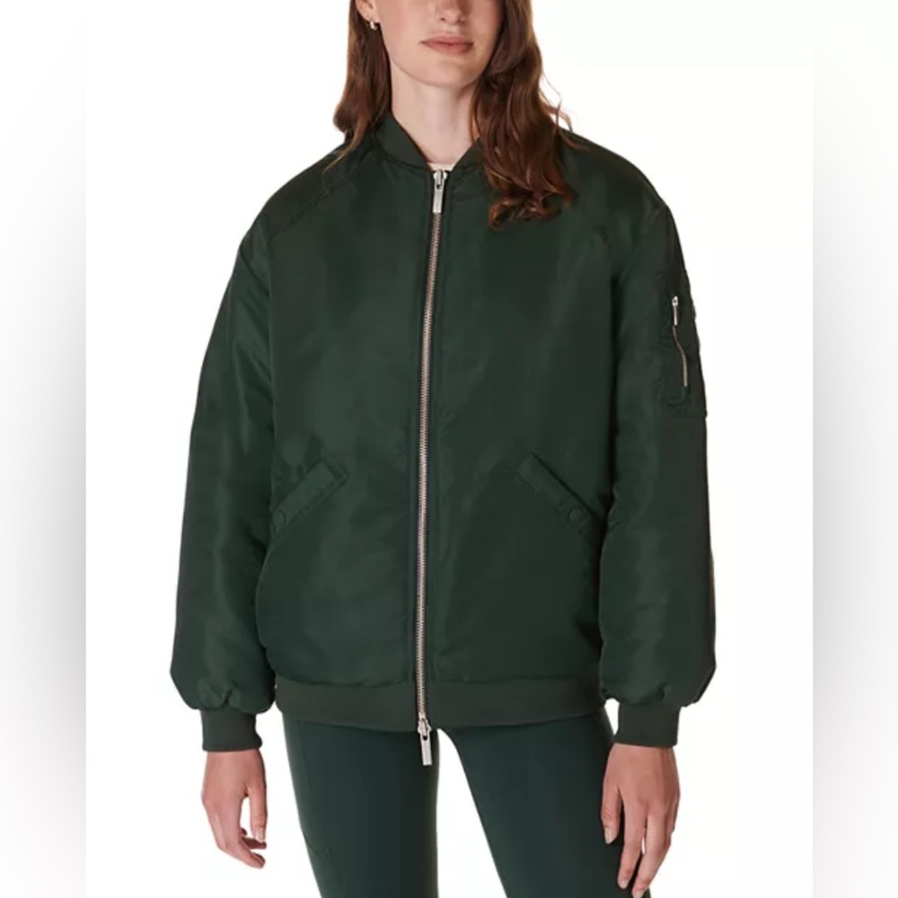 NWT Sweaty Betty Cityscape Longline Bomber Jacket Olive Green Sz 8/Med Full Zip